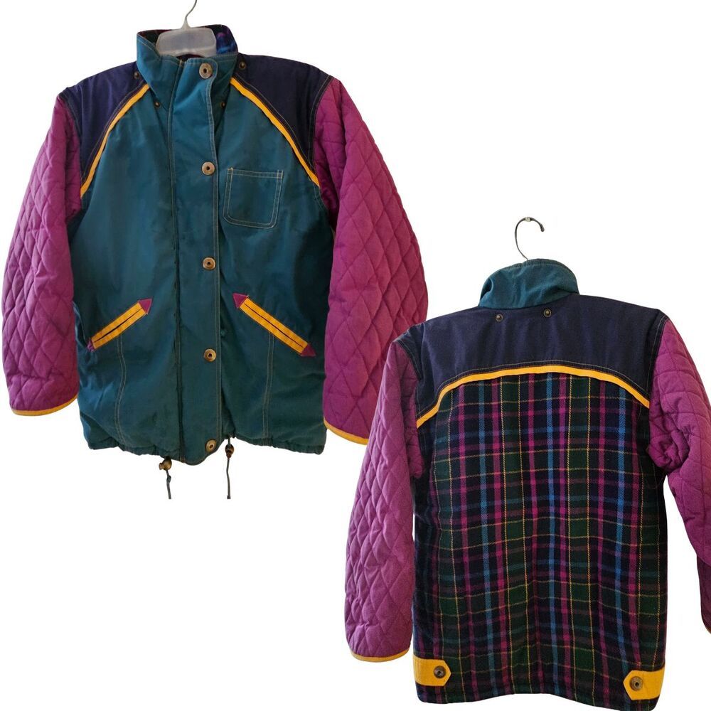Andy Johns Kids Coat Girls M 10-12 Teal Front Plaid Back Purple Quilted Sleeves